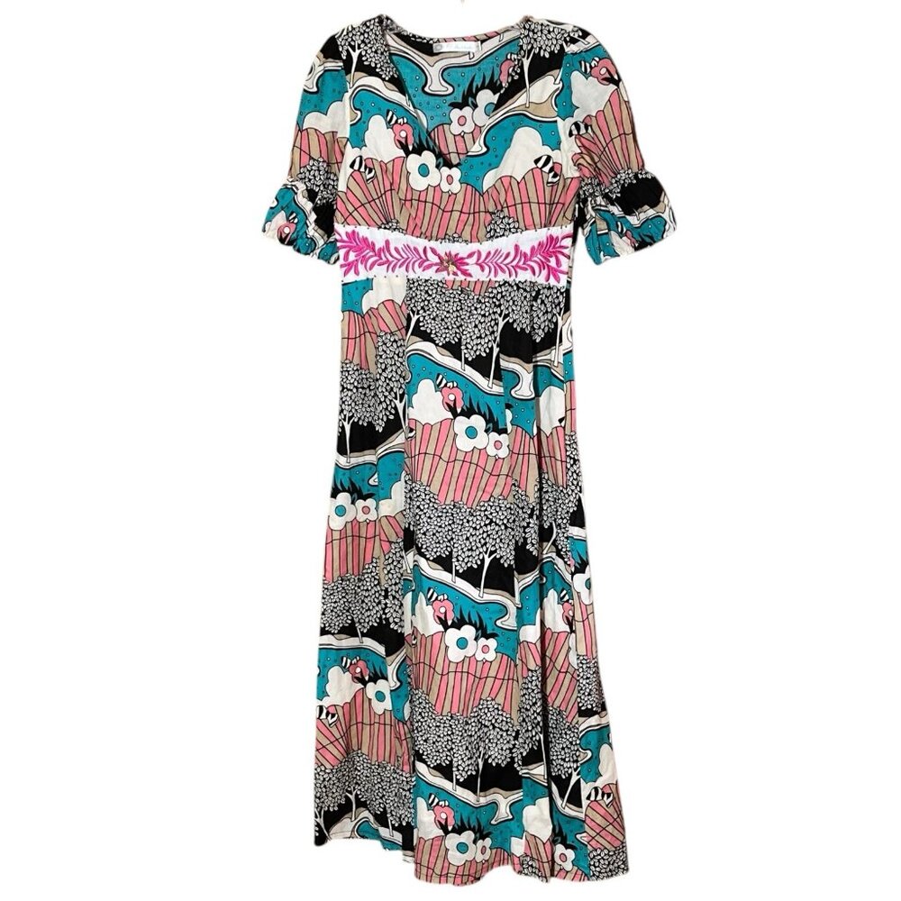 solitaire cotton art deco bold empire waist maxi dress w/ embroidery sz S boho